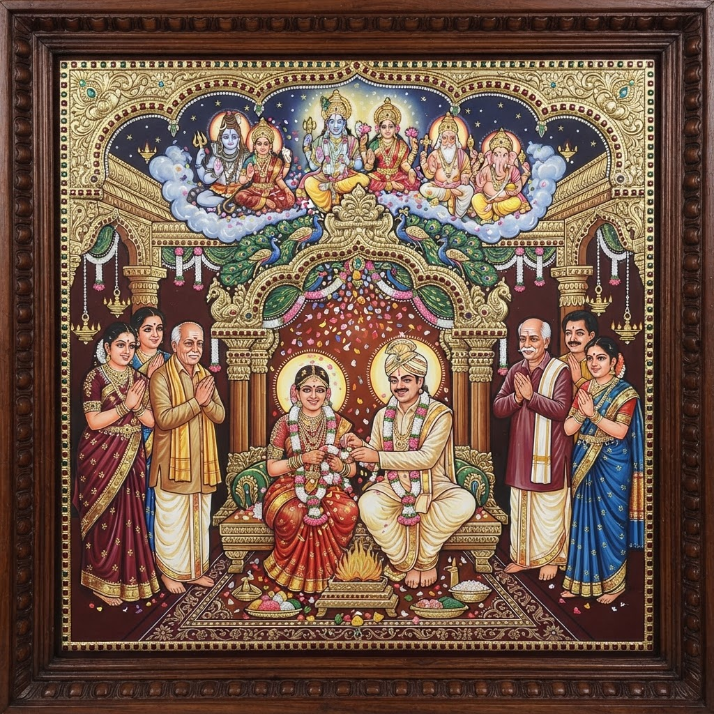 A Tanjore-style artwork of the couple seated with their families as the gods shower them with flower petals from above